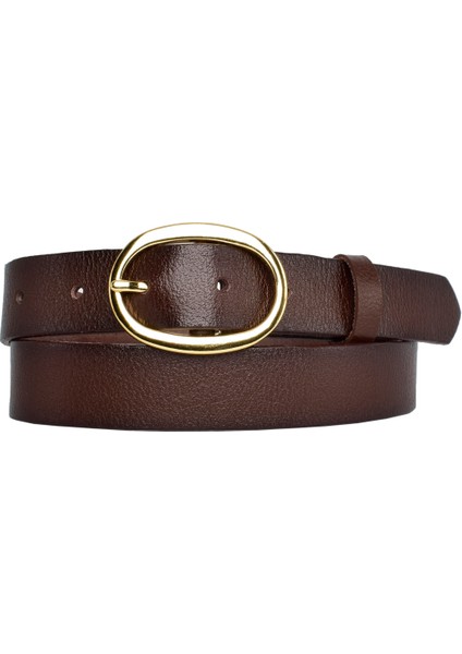 Deri, Gold Tokalı 3 cm Koyu Kahverengi Kadın Kemeri; Elbise, Pantolon Kemeri=3cm-Kdn-36