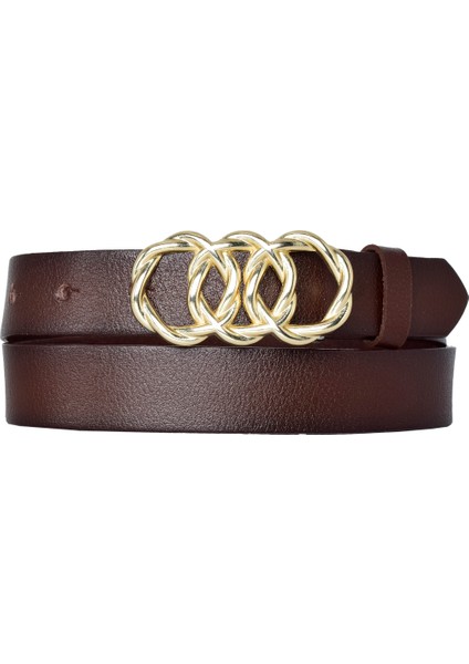 Deri, Gold Örgü Tokalı 3 cm Koyu Kahverengi Kadın Kemeri; Elbise, Pantolon Kemeri
