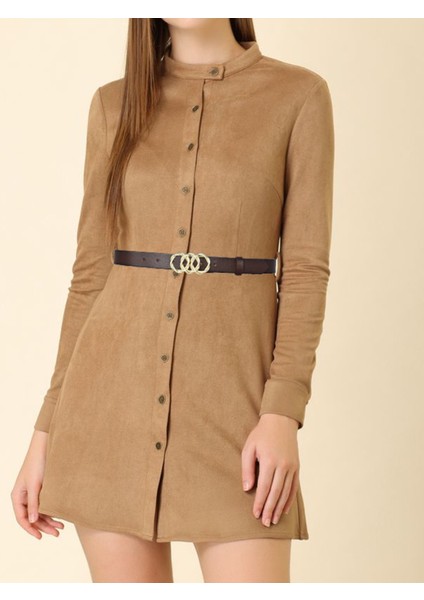 Deri, Gold Örgü Tokalı 3 cm Koyu Kahverengi Kadın Kemeri; Elbise, Pantolon Kemeri modelleri