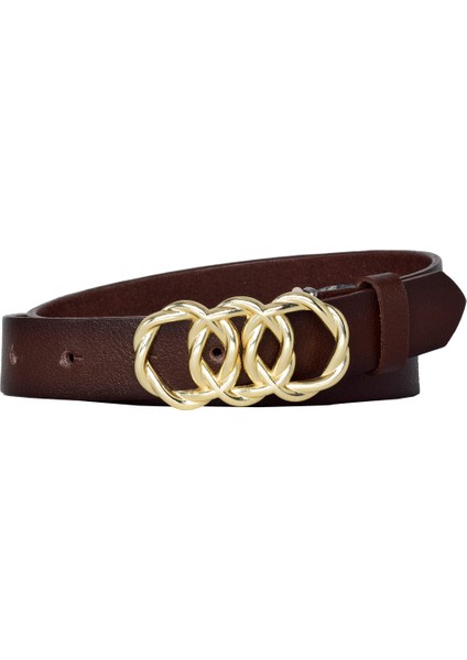 Deri, Gold Örgü Tokalı 3 cm Koyu Kahverengi Kadın Kemeri; Elbise, Pantolon Kemeri fırsatları