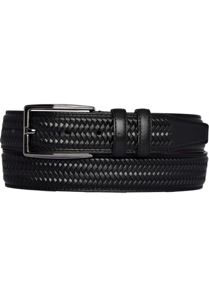 Deri, Örgü Baskılı Siyah Dikişli Klasik, Kumaş Pantolon Kemeri 3.5 Cm_dikisli.örgülü