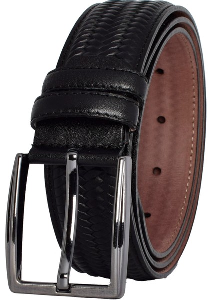 Deri, Örgü Baskılı Siyah Dikişli Klasik, Kumaş Pantolon Kemeri 3.5 Cm_dikisli.örgülü modelleri