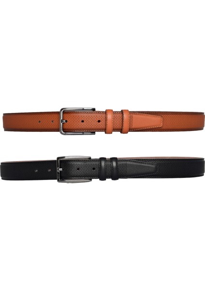 Deri, 2'li Set Siyah, Açık Taba Dikişli Nokta Baskılı Kumaş Pant. Kemeri 3.5 Cm_noktalı