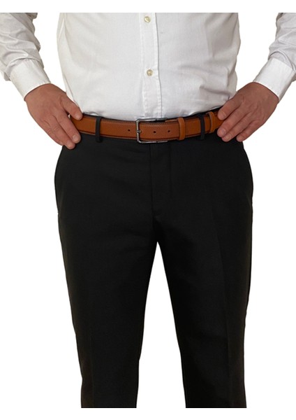 Deri, 2'li Set Siyah, Açık Taba Dikişli Nokta Baskılı Kumaş Pant. Kemeri 3.5 Cm_noktalı