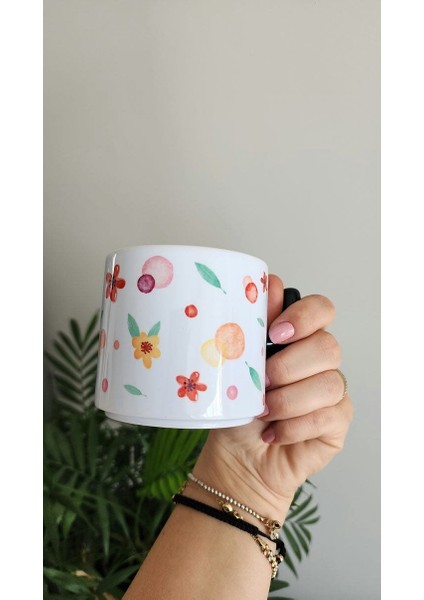 Isme Özel Kişiye Özel Porselen Renkli Çiçekli T Kupa Bardak Latte Fincanı