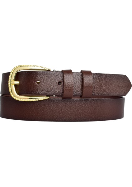 Deri, Gold Tokalı 3 cm Koyu Kahverengi Kadın Kemeri; Elbise, Pantolon Kemeri=3cm-Kdn-31
