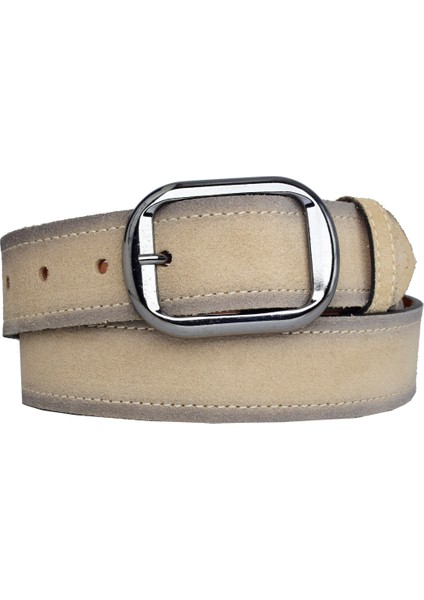 Deri, Nikel Tokalı 4 cm Süet Krem Kadın Kemeri; Kot, Spor Kemer