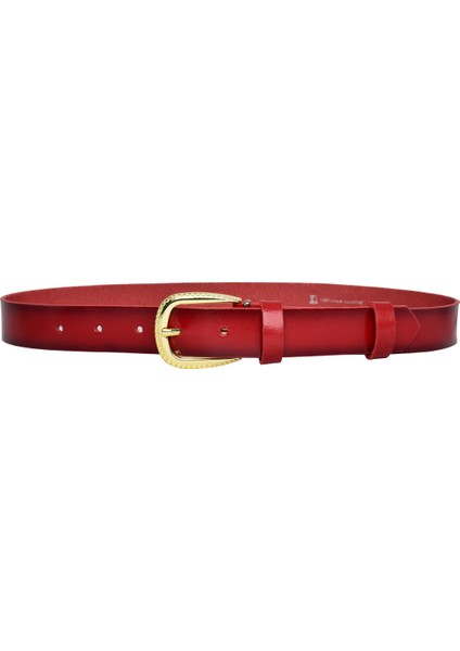 Deri, Gold Tokalı 3 cm Kırmızı Kadın Kemeri; Elbise, Pantolon Kemeri=3cm-Kdn-31