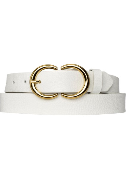 Deri Gold C? Tokalı Süt Beyaz Ince Kadın Kemeri, 3cm=3cm-Kdn-37