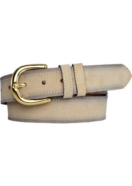 Deri, Gold Tokalı 4 cm Süet Krem Kadın Kemeri; Kot, Spor Kemer