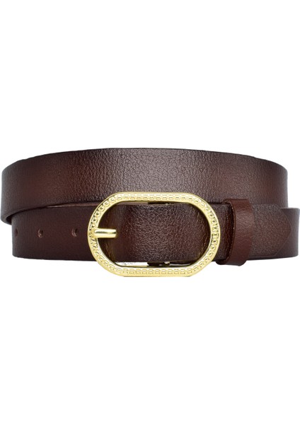 Deri, Gold Tokalı 3 cm Koyu Kahverengi Kadın Kemeri; Elbise, Pantolon Kemeri=3cm-Kdn-32