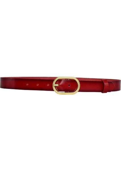 Deri, Gold Oval Tokalı 3 cm Kırmızı Kadın Kemeri; Elbise, Pantolon Kemeri=3cm-Kdn-32