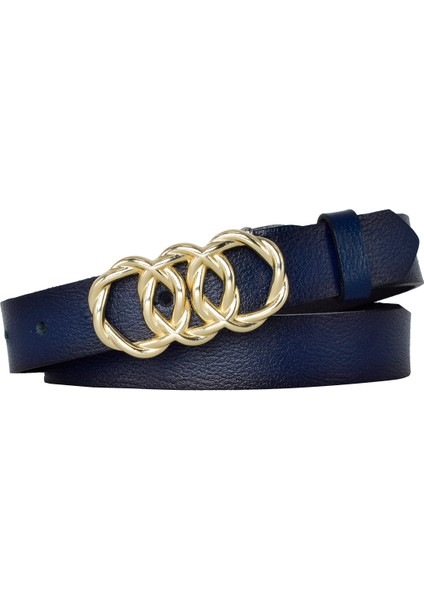 Deri, Gold Örgü Tokalı 3 cm Lacivert Kadın Kemeri; Elbise, Pantolon Kemeri
