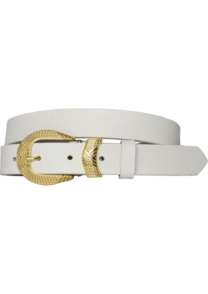 Deri Gold Tokalı Süt Beyaz Ince Kadın Kemeri, 3cm=3cm-Kdn-27
