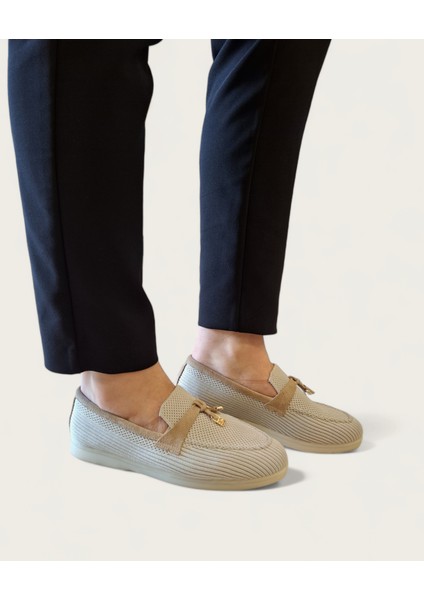SV041 Kadın Günlük Bej Triko Loafer Ayakkabı