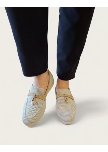 SV041 Kadın Günlük Bej Triko Loafer Ayakkabı