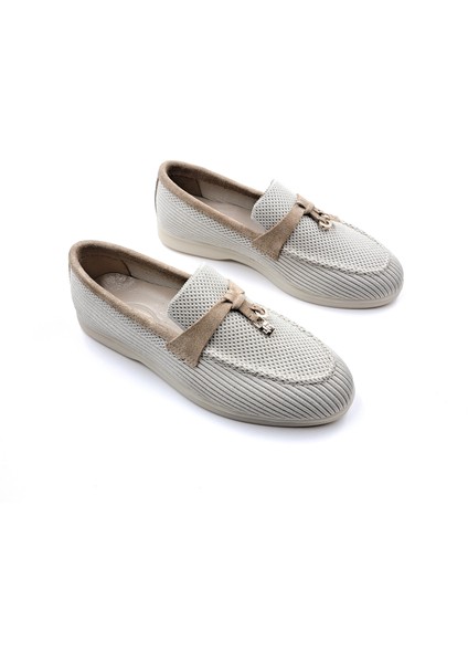 SV041 Kadın Günlük Bej Triko Loafer Ayakkabı