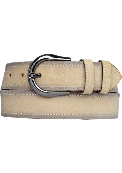 Deri, Siyah Nikel Tokalı 4 cm Süet Krem Kadın Kemeri; Kot, Spor Kemer