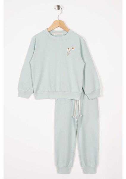 Bisiklet Yaka Uzun Kol Papatya Nakıslı Çağla Yeşili Renk Kız Çocuk Esofman Takım