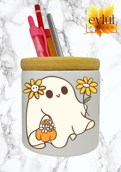 Sevimli Hayalet Baskılı Seramik Kalemlik Ahşap Detaylı Kalem Kutusu Doğum Günü Hediyesi