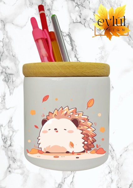 Sevimli Kawaii Kirpi Baskılı Seramik Kalemlik Ahşap Detaylı Kalem Kutusu Doğum Günü Hediyesi