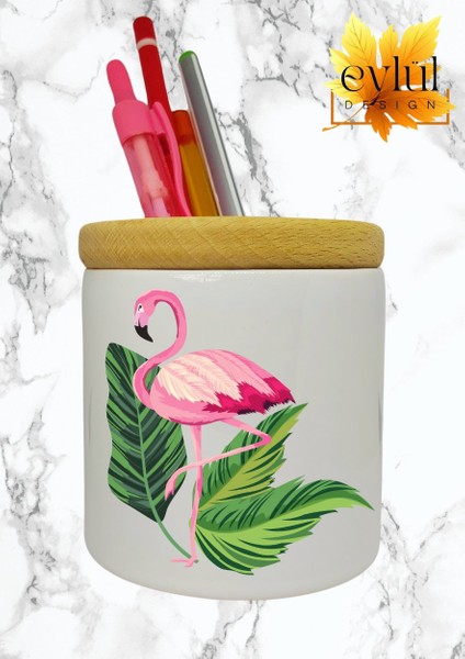 Flamingo Baskılı Seramik Kalemlik Ahşap Detaylı Kalem Kutusu Doğum Günü Hediyesi