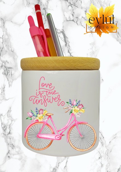 Çiçekli Bisiklet Baskılı Motivasyon Temalı Seramik Kalemlik Ahşap Detaylı Kalem Kutusu