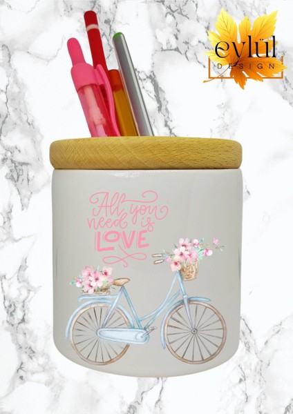 Çiçekli Bisiklet Baskılı Motivasyon Temalı Seramik Kalemlik Ahşap Detaylı Kalem Kutusu