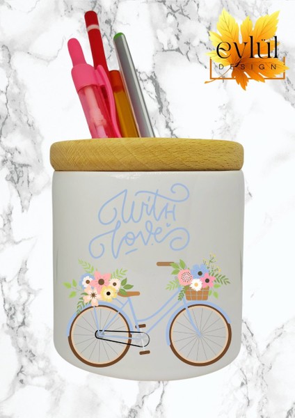 Çiçekli Bisiklet Baskılı Motivasyon Temalı Seramik Kalemlik Ahşap Detaylı Kalem Kutusu