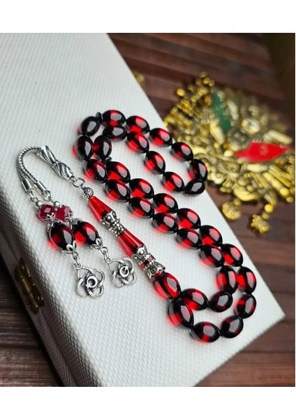 Özel Nakkaş Imameli Sürmeli Sıkma Ateş Kehribar Tesbih 925 Ayar Özel Gümüş Tasarımlı Özel Yazılı Kutulu