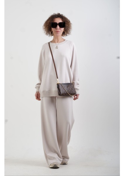 Bej O Yaka Triko Detay Modal Sweatshirt Pantolon Takım