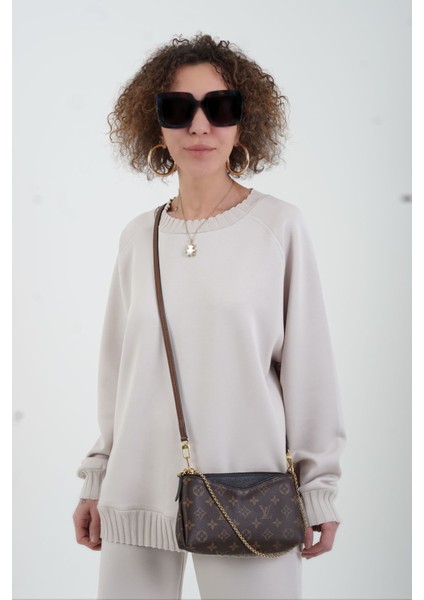 Bej O Yaka Triko Detay Modal Sweatshirt Pantolon Takım modelleri