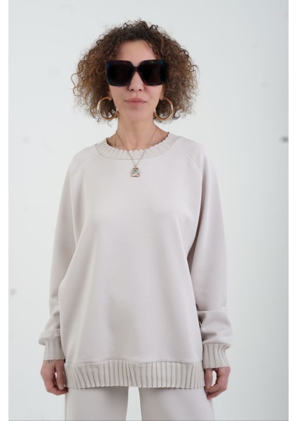 Bej O Yaka Triko Detay Modal Sweatshirt Pantolon Takım fırsatları