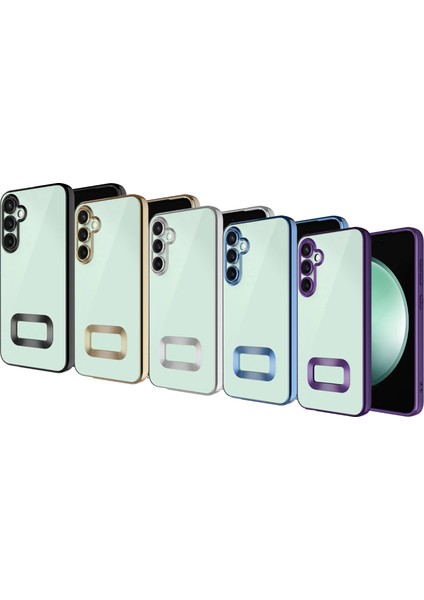 Samsung Galaxy S23FE Kapak Yanları Renkli Lens Korumalı Logo Gösteren Şeffaf Luxury Silikon Kılıf - Gold