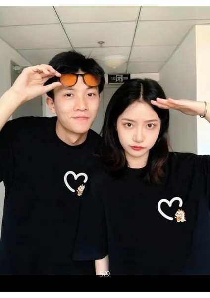 Özel Tasarım Bisiklet Yaka Kalp Baskılı Pamuk Oversize Sevgili Kombini T-Shırt