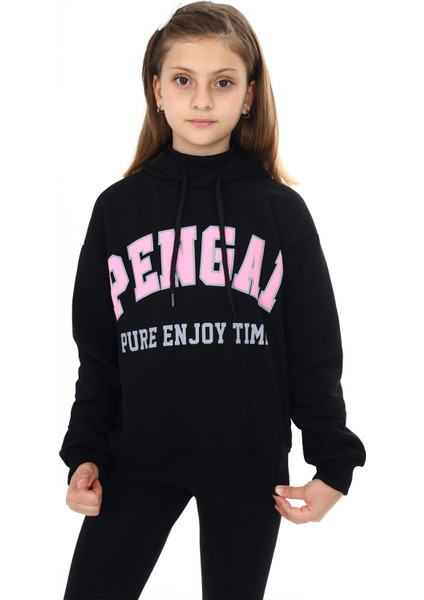 Siyah Pengai Yazı Baskı Polarlı Kız Çocuk Sweatshirt 18328