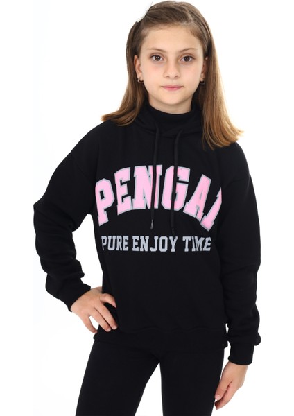 Siyah Pengai Yazı Baskı Polarlı Kız Çocuk Sweatshirt 18328