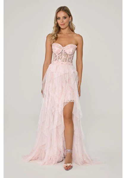 Yırtmaç Detaylı Straplez Pembe Kadın Abiye 2246599