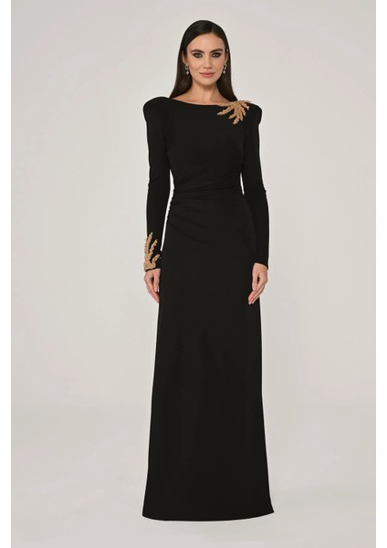 Dekolteli Uzun Kollu Siyah Kadın Abiye 2246649