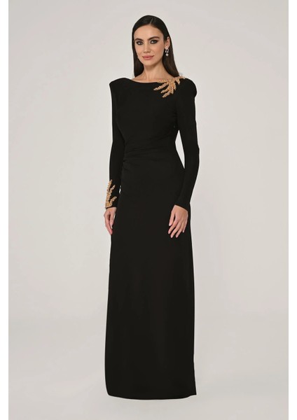 Dekolteli Uzun Kollu Siyah Kadın Abiye 2246649 modelleri