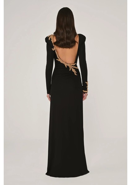 Dekolteli Uzun Kollu Siyah Kadın Abiye 2246649 indirimleri