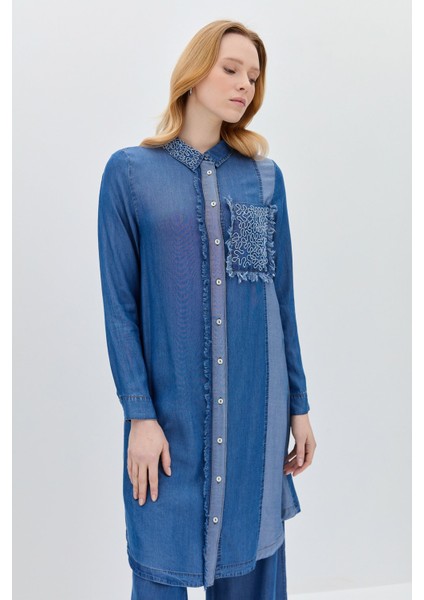 Yakası ve Cebi Nakışlı Tencel Tunik Indigo