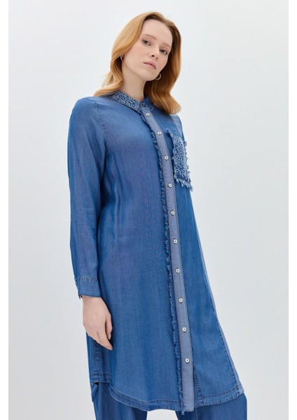 Yakası ve Cebi Nakışlı Tencel Tunik Indigo