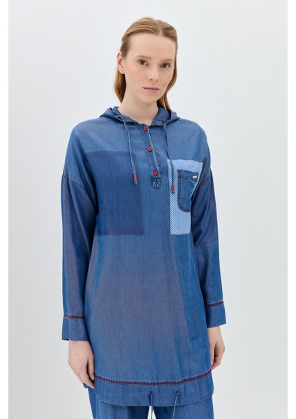 Cep Detaylı Kapşonlu Tencel Tunik Indigo