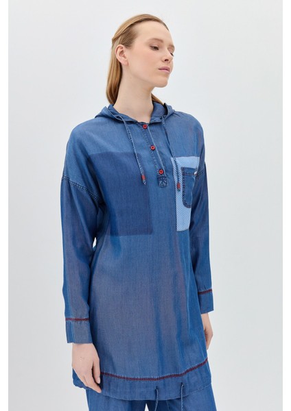 Cep Detaylı Kapşonlu Tencel Tunik Indigo