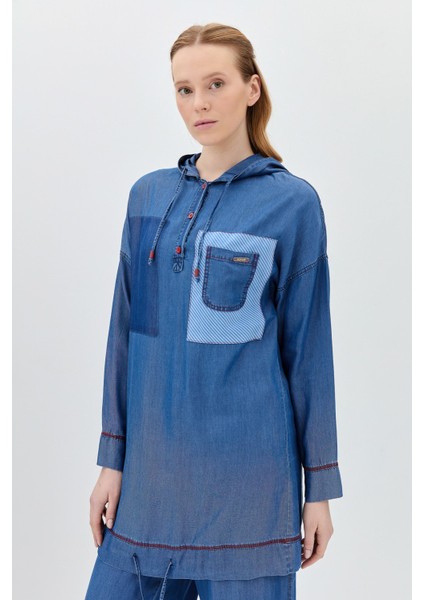 Cep Detaylı Kapşonlu Tencel Tunik Indigo