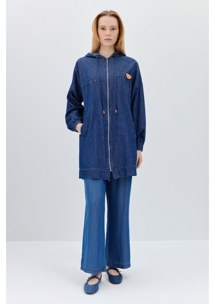 Kapşonlu Denim Giy-Çık Indigo