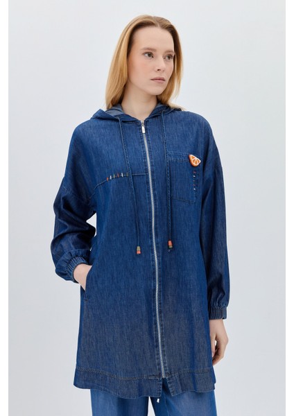 Kapşonlu Denim Giy-Çık Indigo