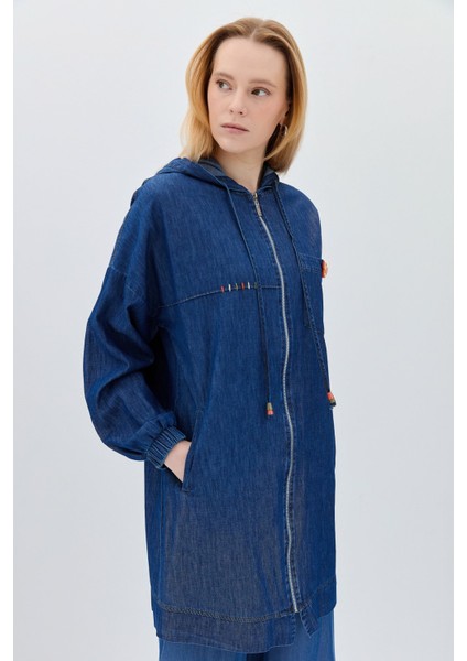 Kapşonlu Denim Giy-Çık Indigo
