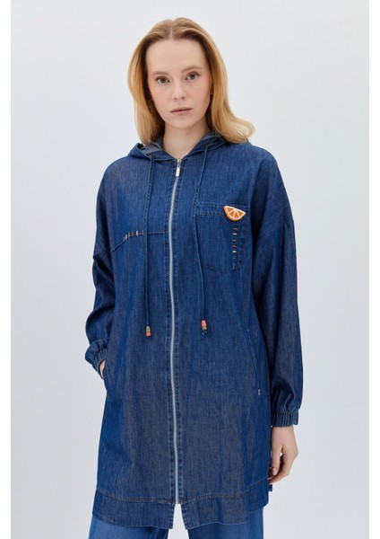 Kapşonlu Denim Giy-Çık Indigo